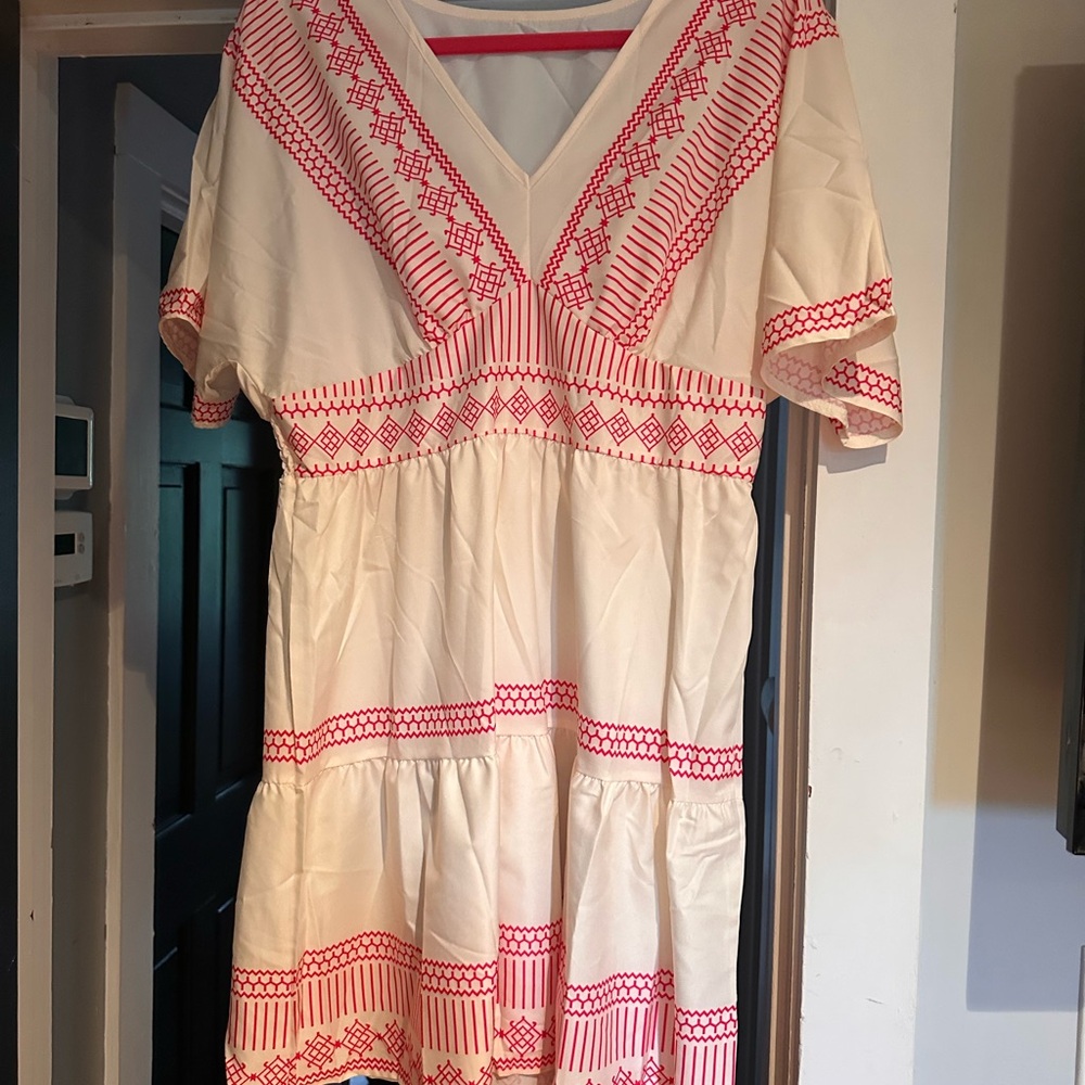 White and Red Embroidered Dress